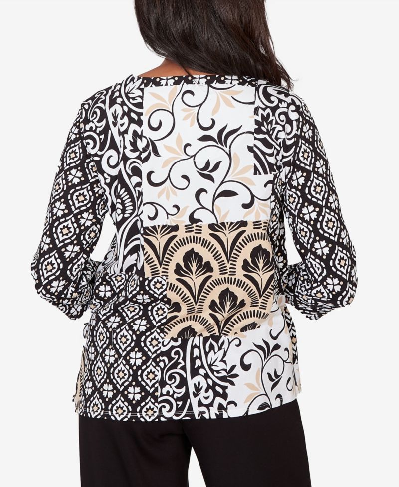 Women's Classic Geometric Scroll Patchwork Split Neck Top