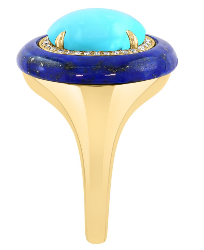 Turquoise (11x9mm), Lapis (18x16.5mm) & Diamond (1/8 ct. t.w.) Ring in Gold over Silver