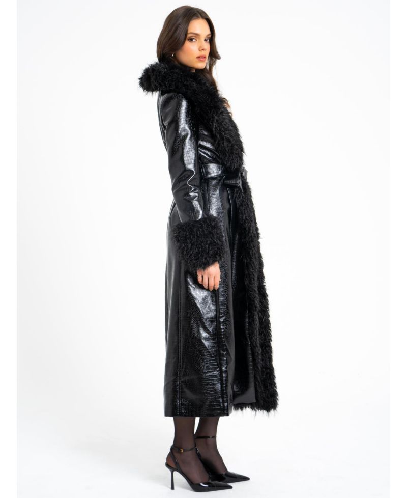 Women's Zella Black Faux Fur Trim Faux Croc Leather Coat