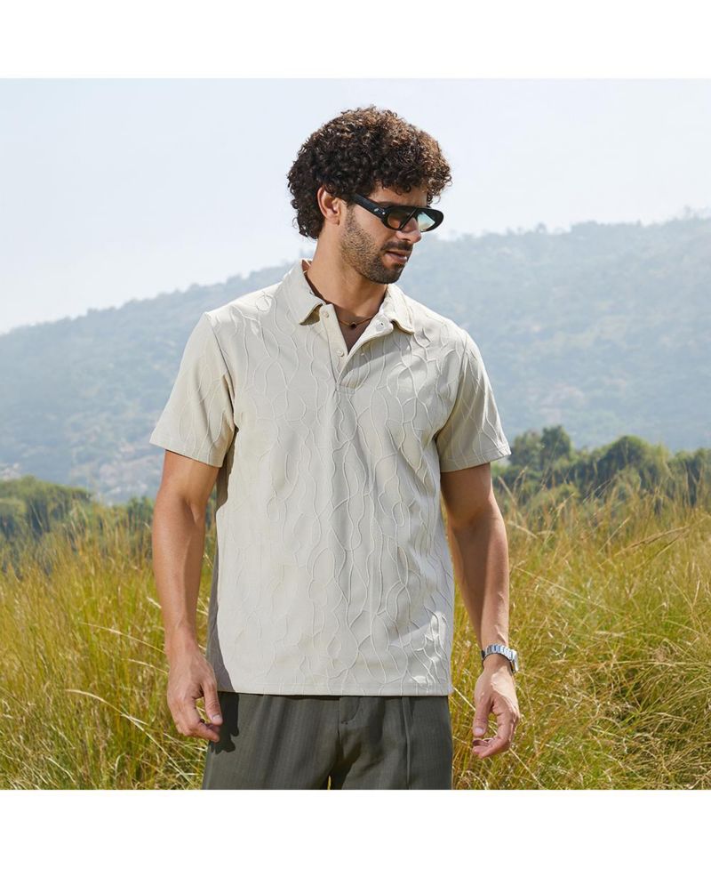 Men's Cream White Veined-Tactile Polo T-Shirt