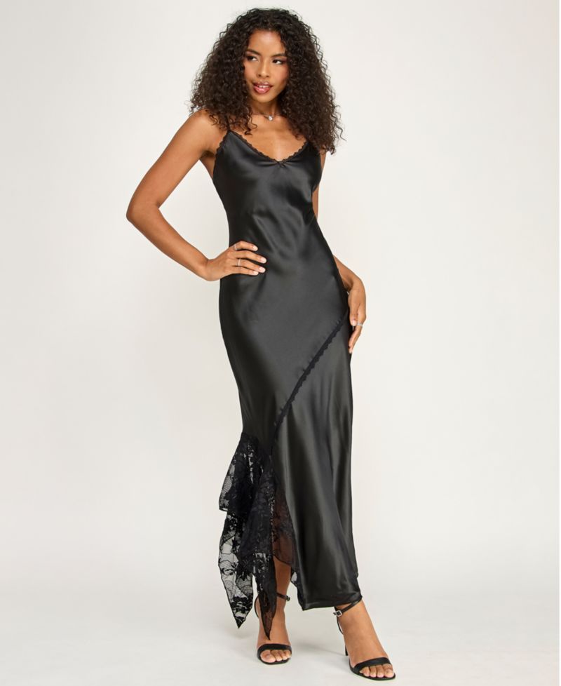 Juniors' Sleeveless V-Neck Satin and Lace Slip Dress