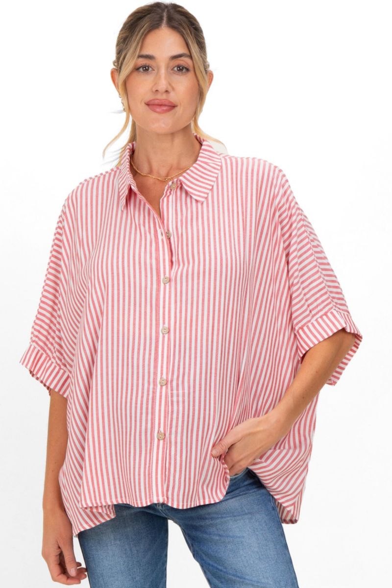 Women's Striped Button Up Dolman Top