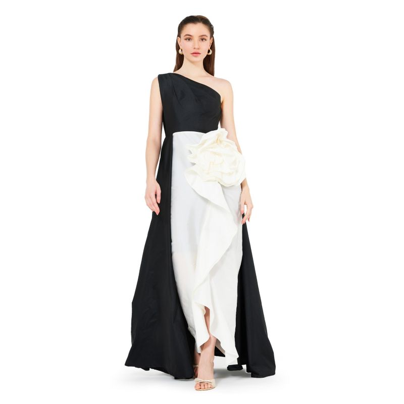 Women's One Shoulder Dress With Cascading Ruffle Flower Detail
