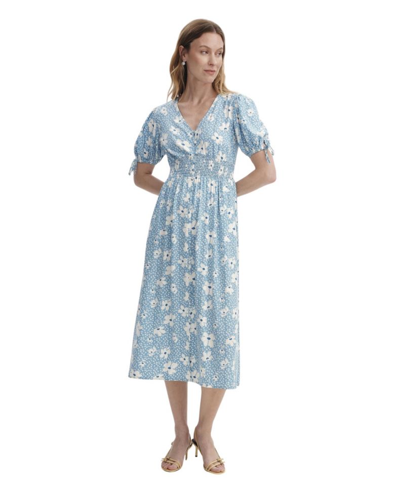 Women's Margot Button Through Midi Floral V-Neck Puff Sleeve Dress