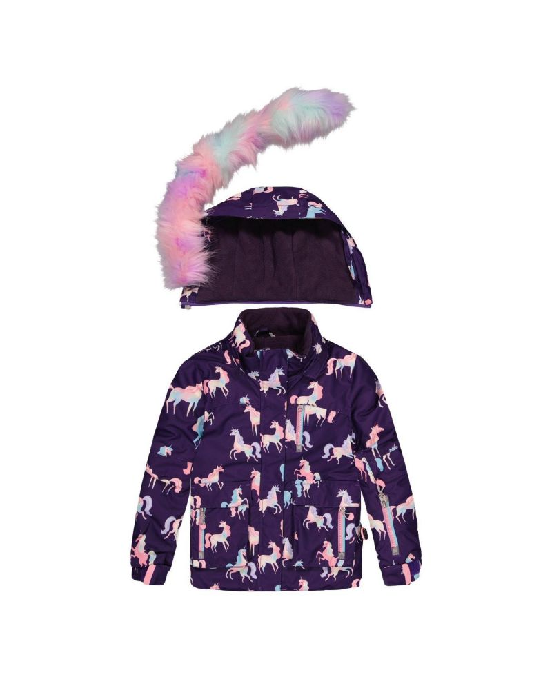 Little and Big Girl 6- 14 Two Piece Play Snowsuit Purple Unicorn Print with Multicolored Pants