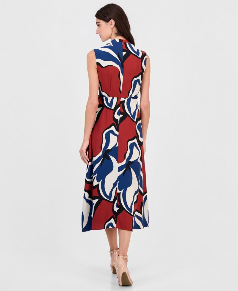 Women's Printed Faux-Wrap Tie-Waist Midi Dress