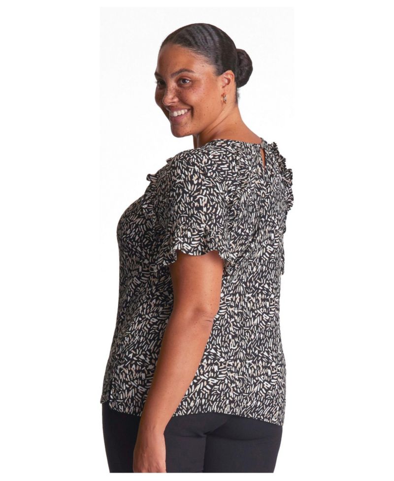 Plus Size Geometric-Print Ruffle-Sleeve Short-Sleeve Blouse