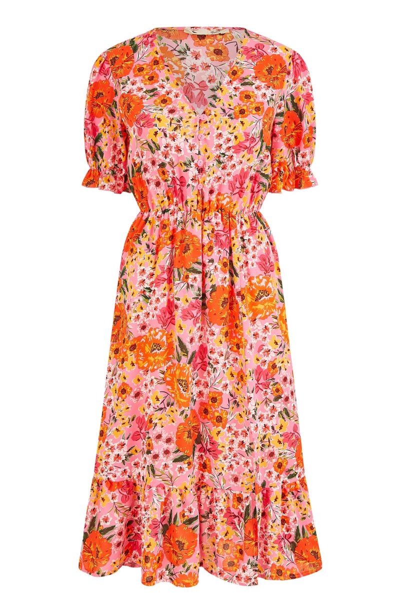 Women's Short Sleeve V-Neck Printed Midi Dress