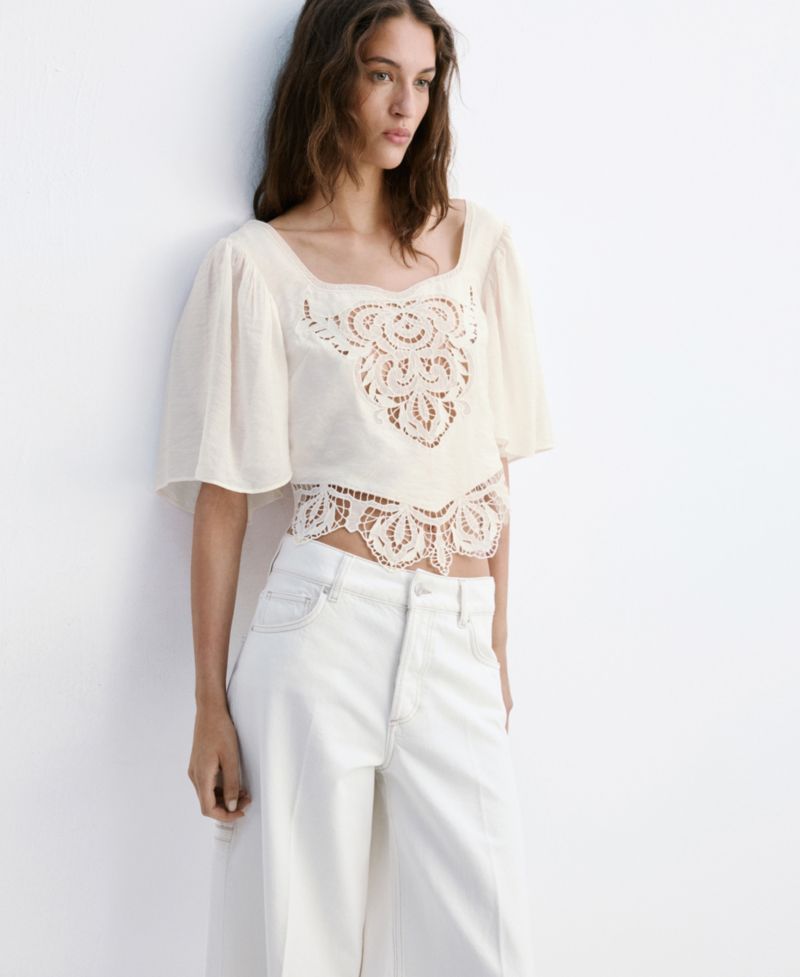 Women's Openwork Embroidery Cropped Blouse