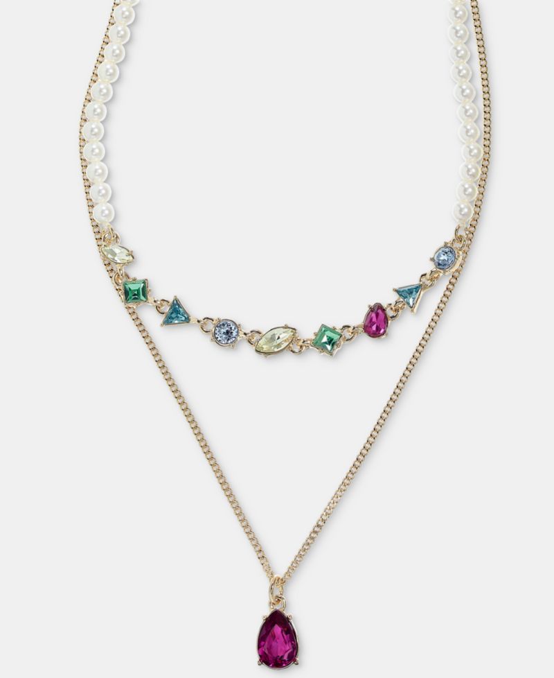 Mixed Crystal & Imitation Pearl Layered Pendant Necklace, 16" + 3" extender