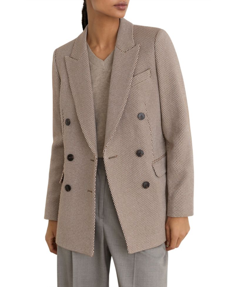 Women's Double-Breasted Lightly Padded Shoulders Textured Wool-Blend Blazer