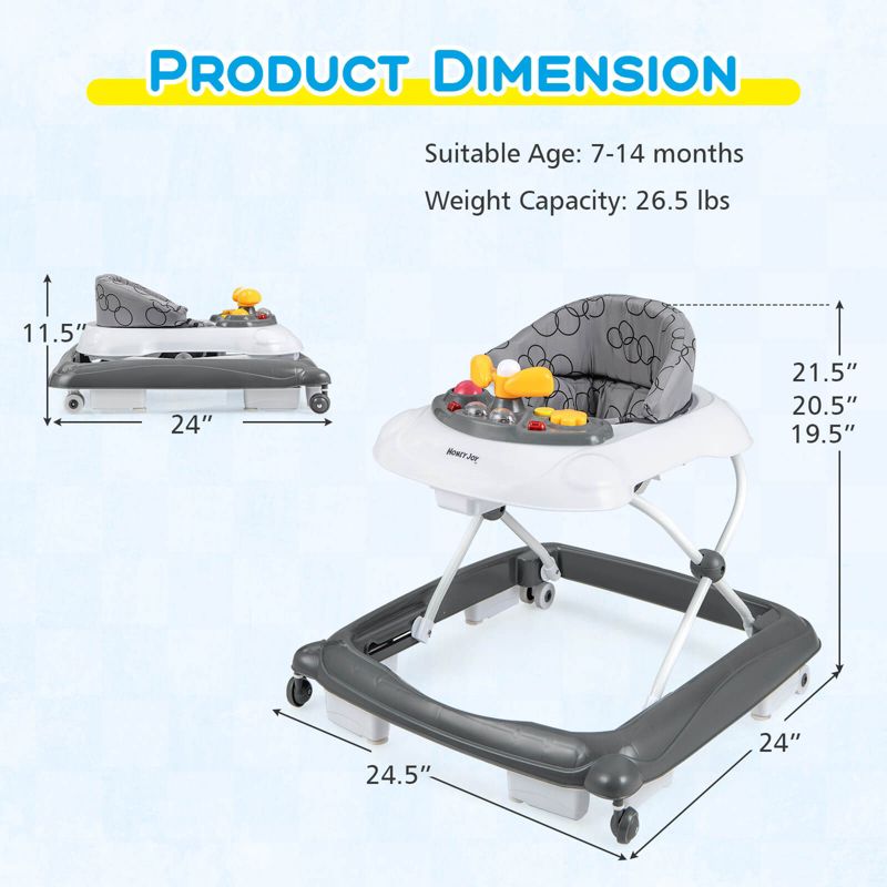 Foldable Baby Walker with 3 Adjustable Heights Comfy Padded Seat