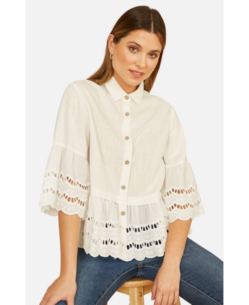 Women's 34 Sleeve Relaxed Scallop Trim Shirt