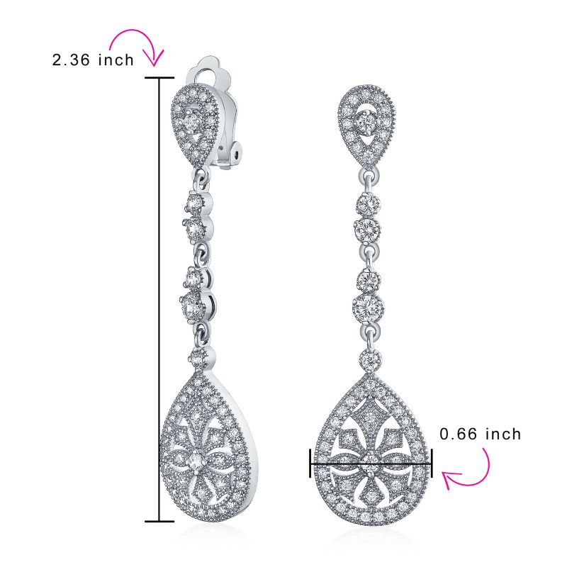 Art Deco Teardrop Rose Gold CZ Chandelier Clip On Earrings Gold Plated