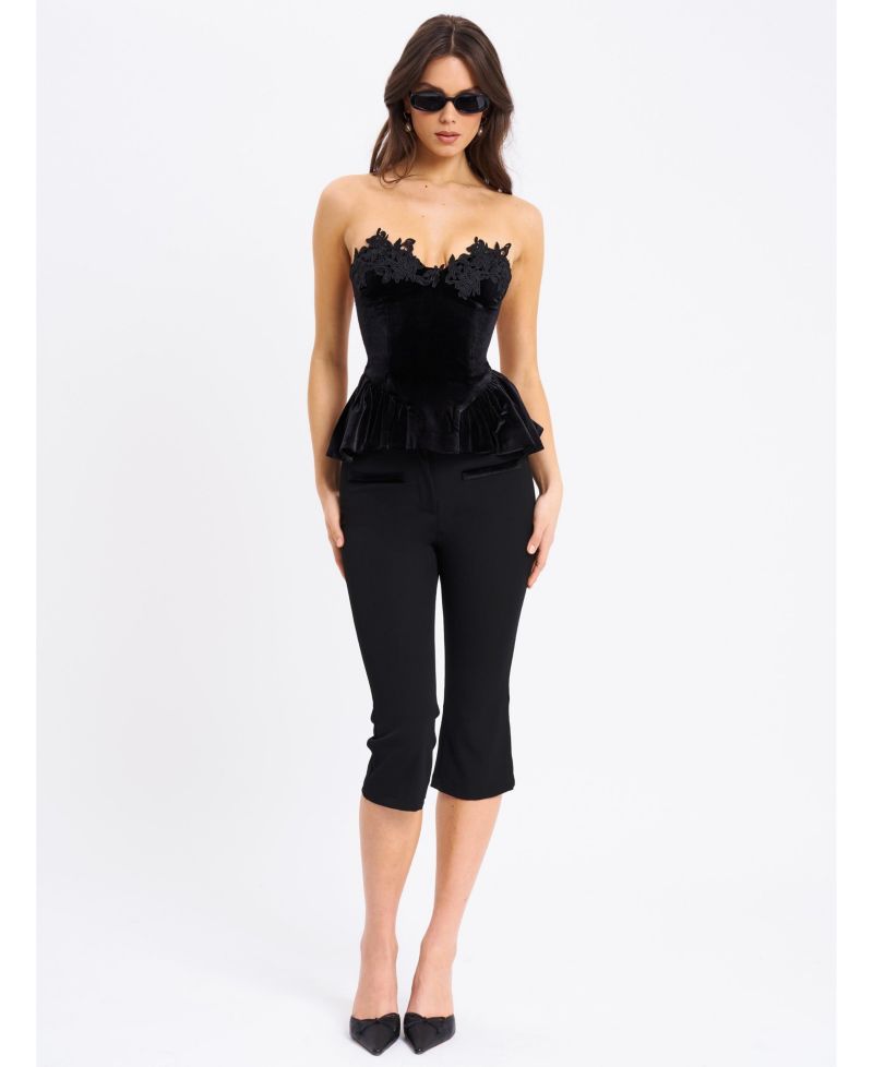 Women's Qiara Black Velvet Peplum Top with Lace Trim