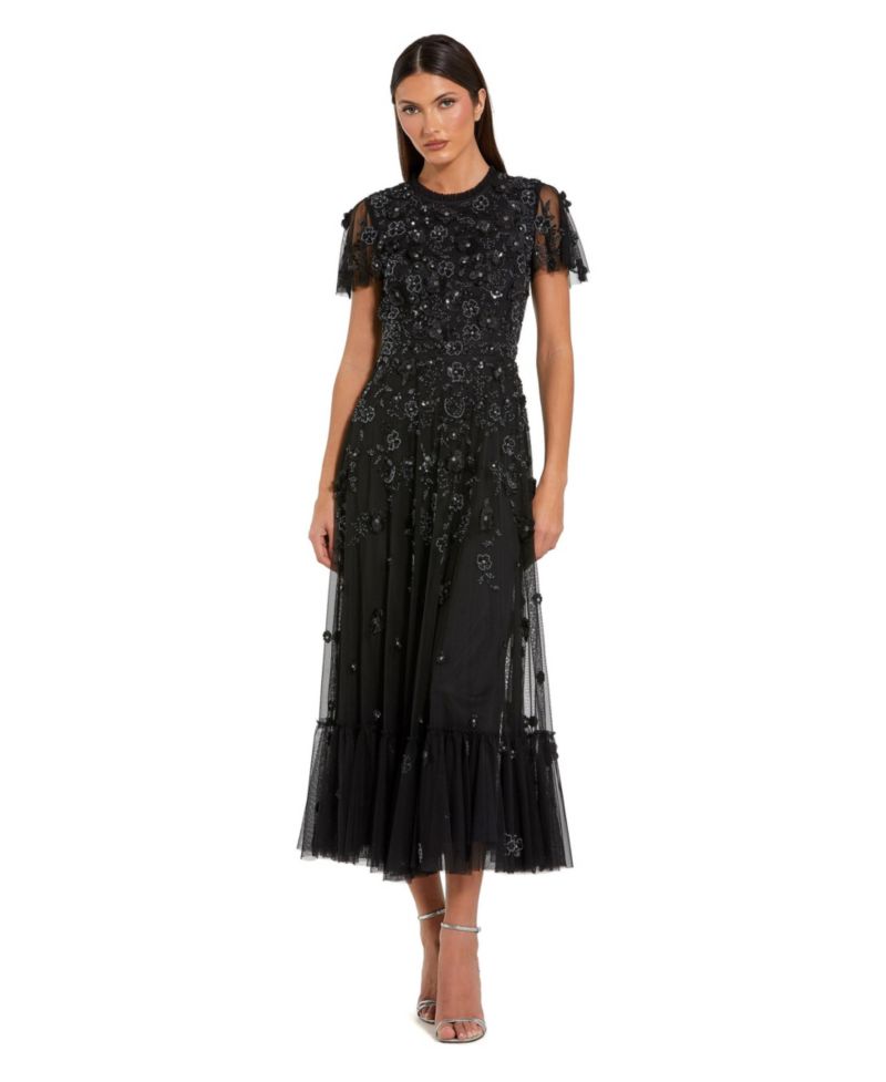 Women's Embellished High Neck Cap Sleeve A Line Dress