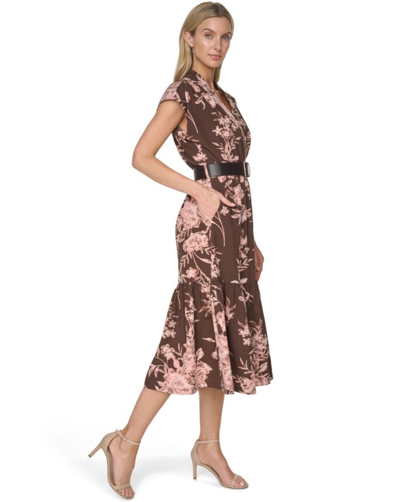 Women’s V-Neck Belted Midi Dress