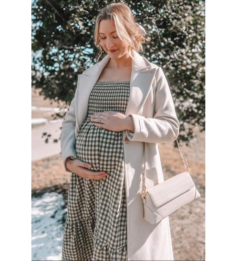 Women's Olive Gingham Long Sleeve Midi Dress