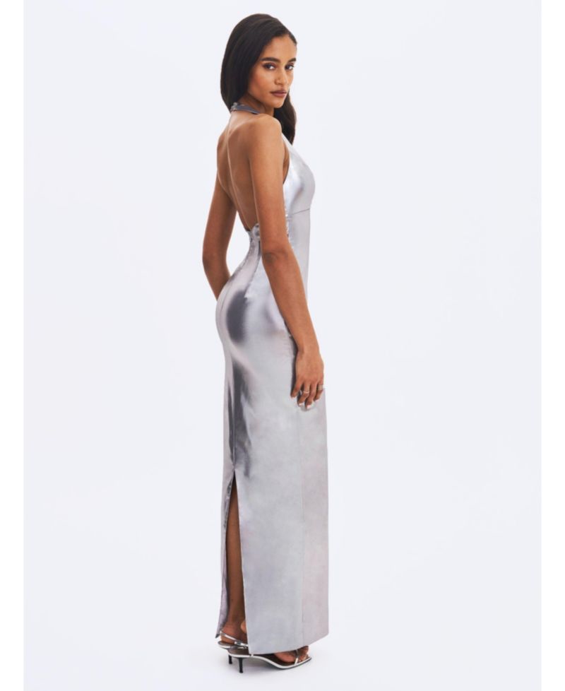 Women's Valeska Silver Foil Plunging Sheath Maxi Dress