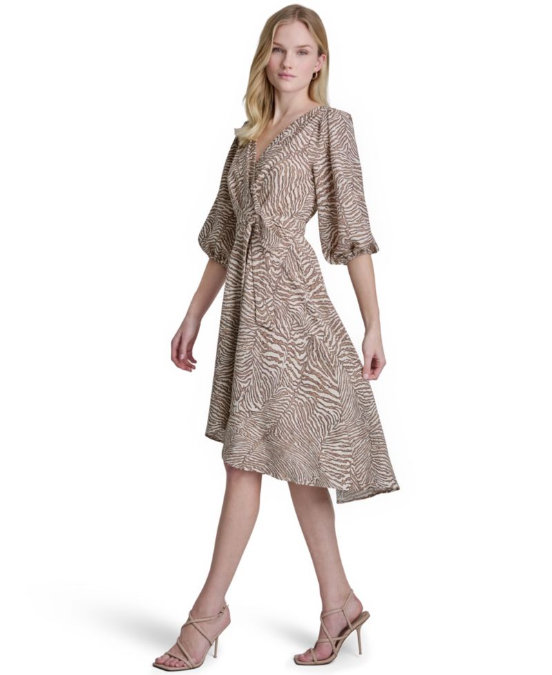Women's 3/4-Balloon-Sleeve Wrap Midi Dress