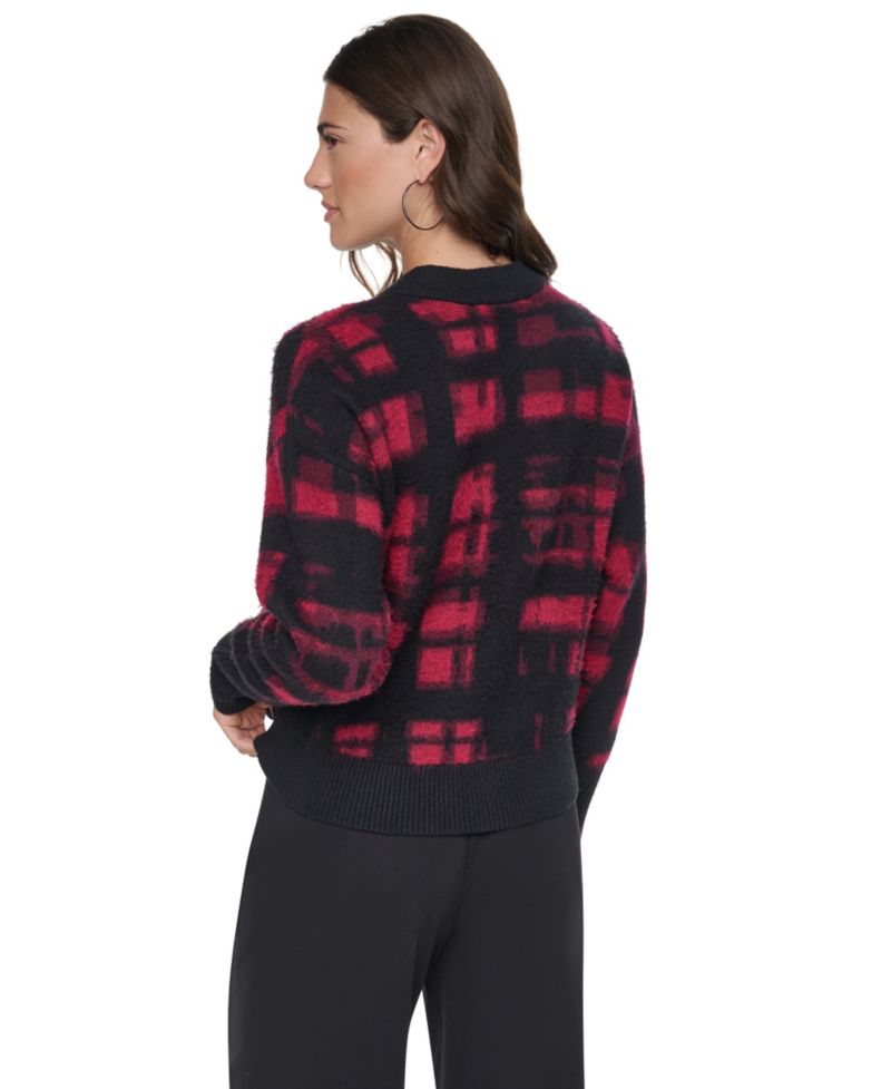 Women's Brushed-Plaid Long-Sleeve Crewneck Pullover Sweater