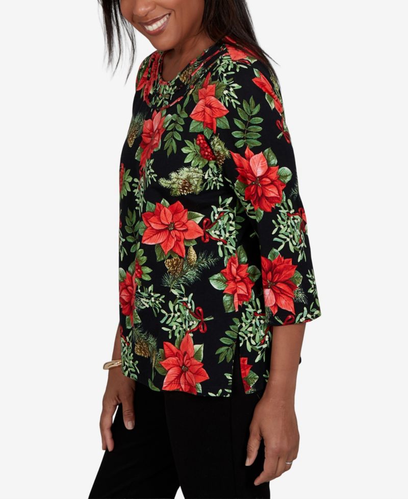 Petite Cardinals On Branches 3/4-Sleeve Floral-Print Top