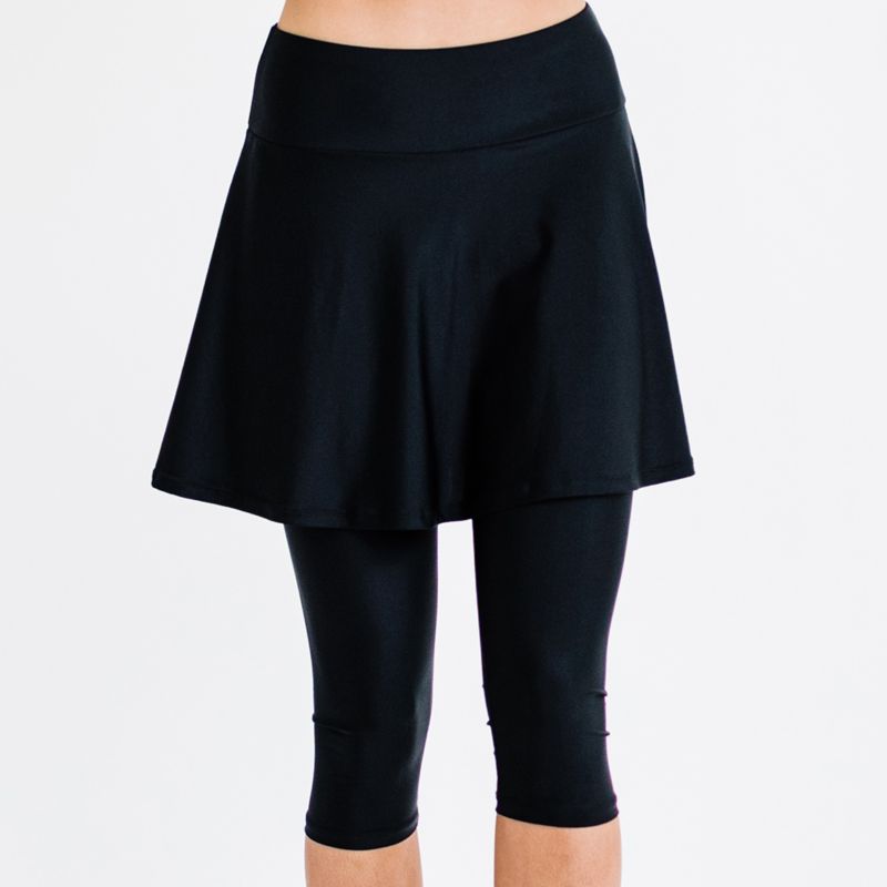 Women's Chlorine Resistant High Waisted Flared Swim Skort With Attached Capri Leggings