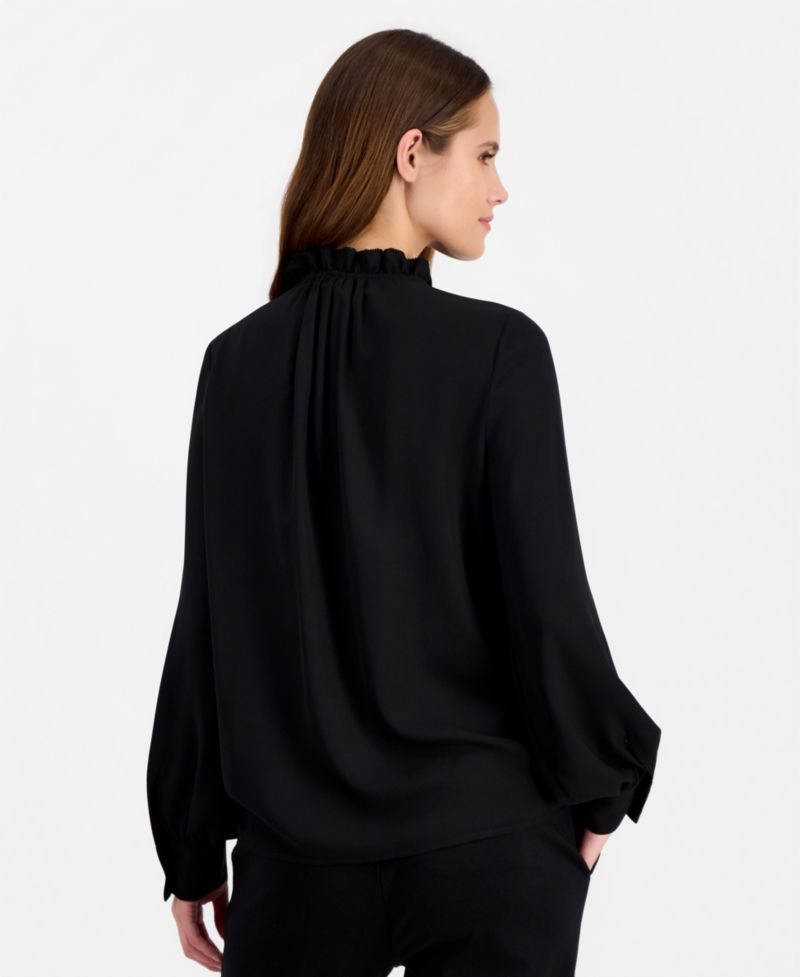 Petite Long-Sleeve Keyhole-Neck Ruffle Blouse
