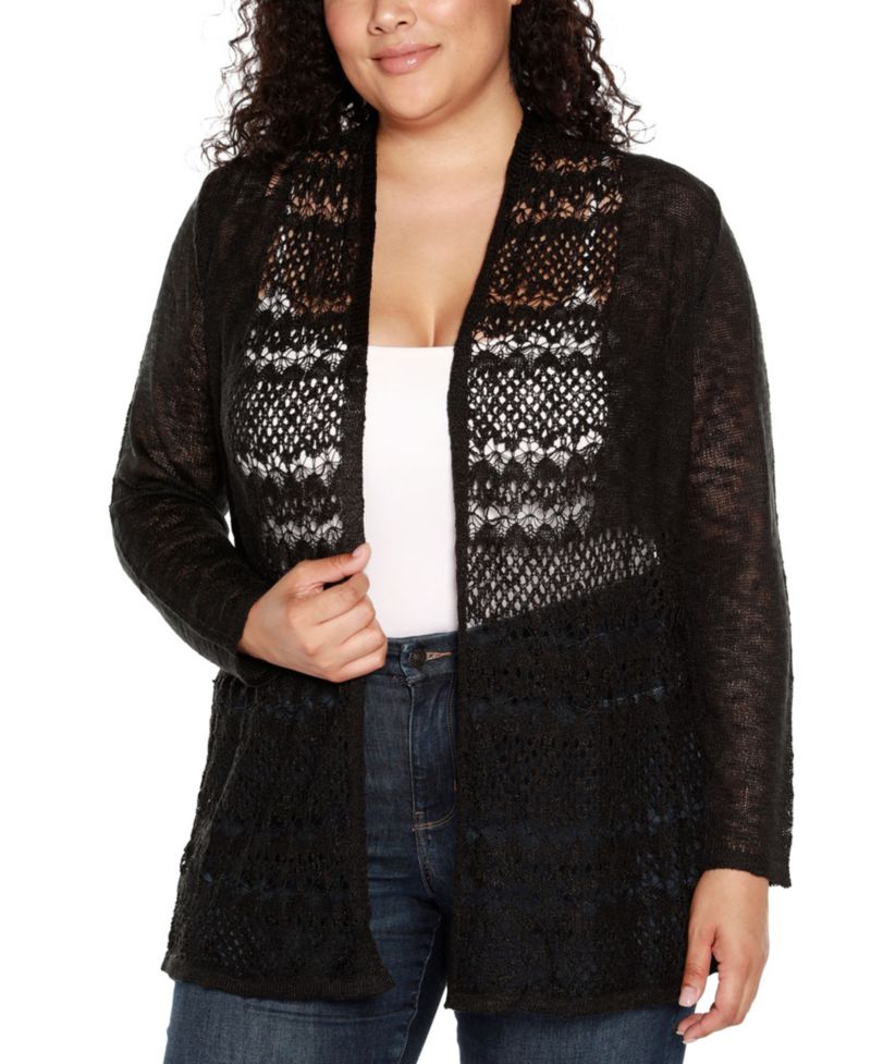 Plus Size Open-Front Pointelle-Trim Cardigan Sweater