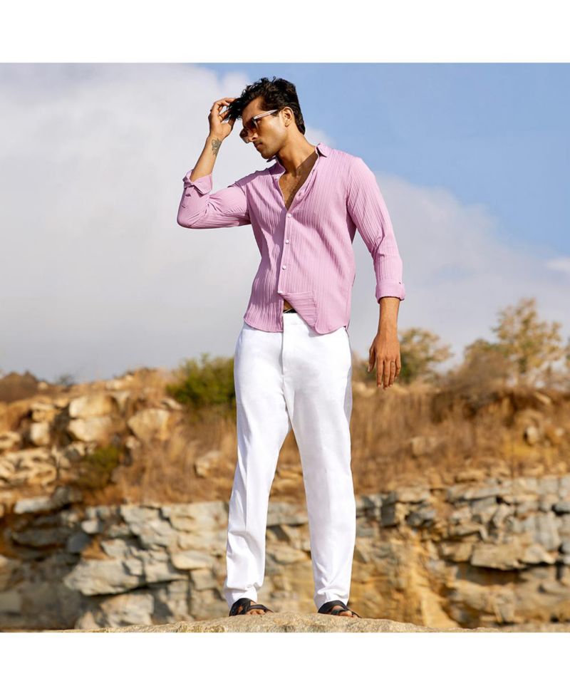 Men's Salmon Pink Self-Design Striped Shirt