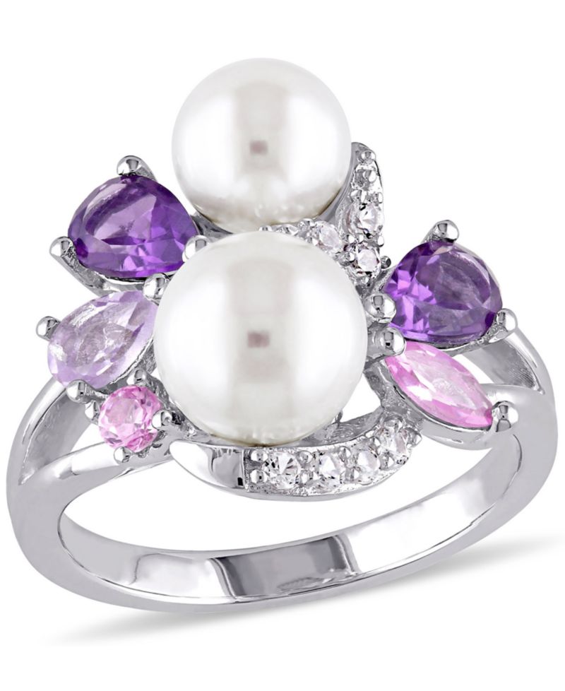 Cultured Freshwater Pearl (6-1/2 & 7-1/2mm) & Multi-Gemstone (1-3/8 ct. t.w.) Cluster 18" Pendant Necklace in Sterling Silver