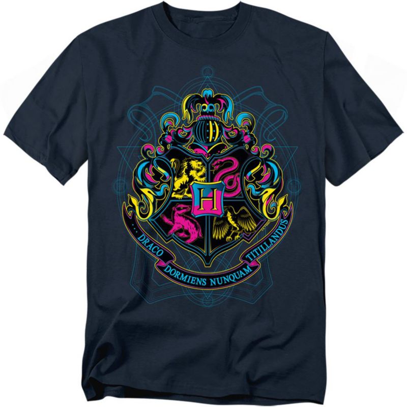 Men's Neon Hogwarts Shield With Motto T Shirt
