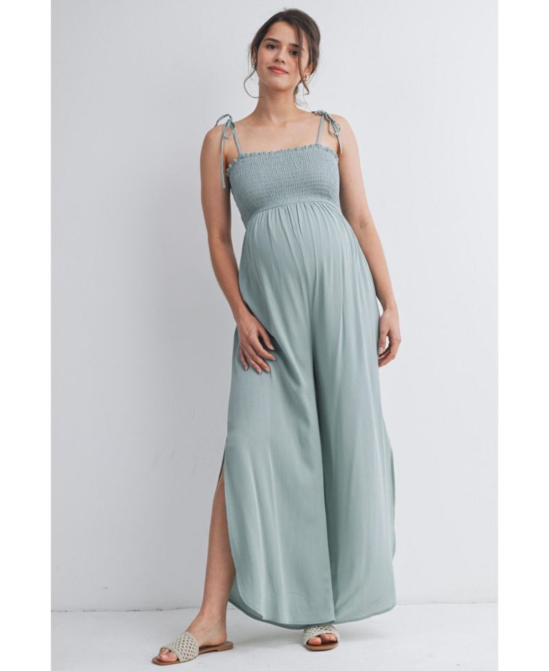 Maternity Smocked Wide-Leg Jumpsuit with Tie Shoulders and Side Slit
