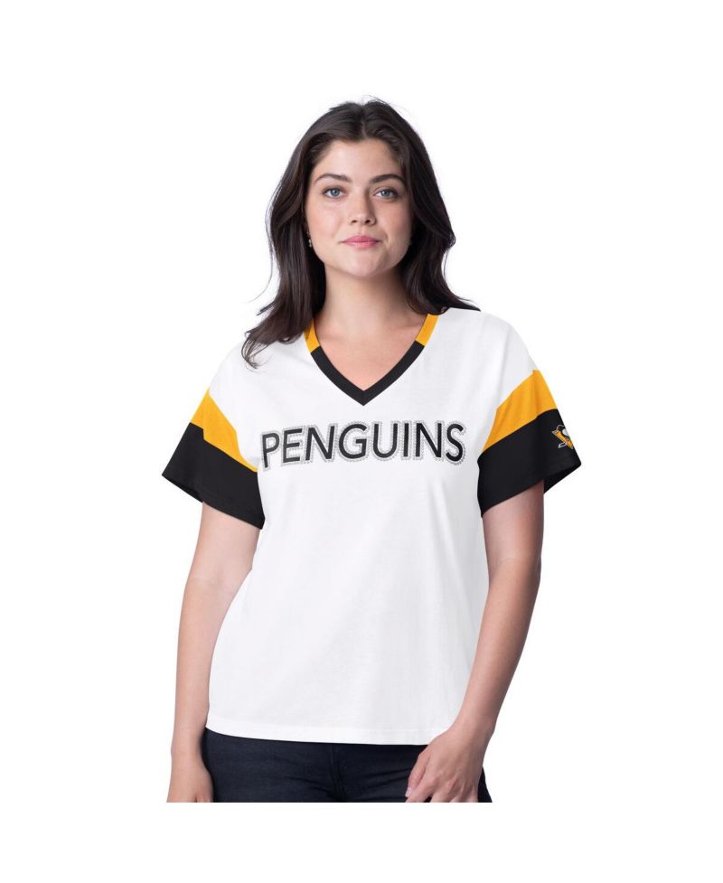 Women's White Pittsburgh Penguins Rink Oversized Rhinestone V-Neck T-Shirt