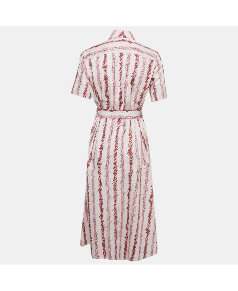 Women's Pink Scribble Printed Cotton Belted Shirt Dress
