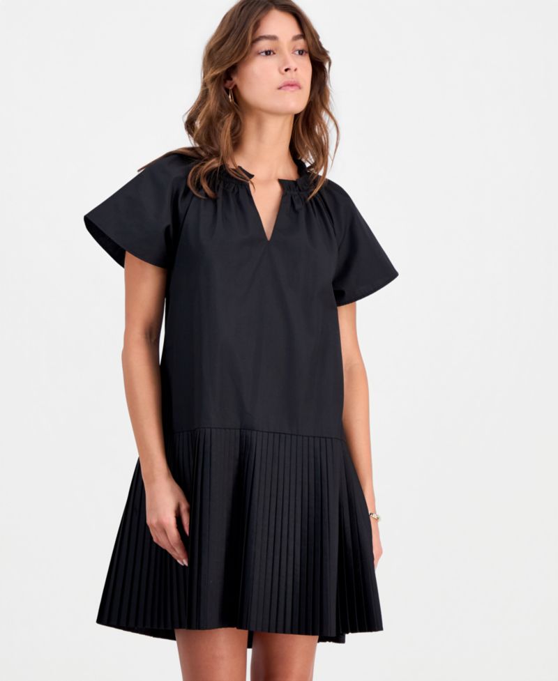 Petite Puff-Sleeve Short-Sleeve Pleat-Hem Dress