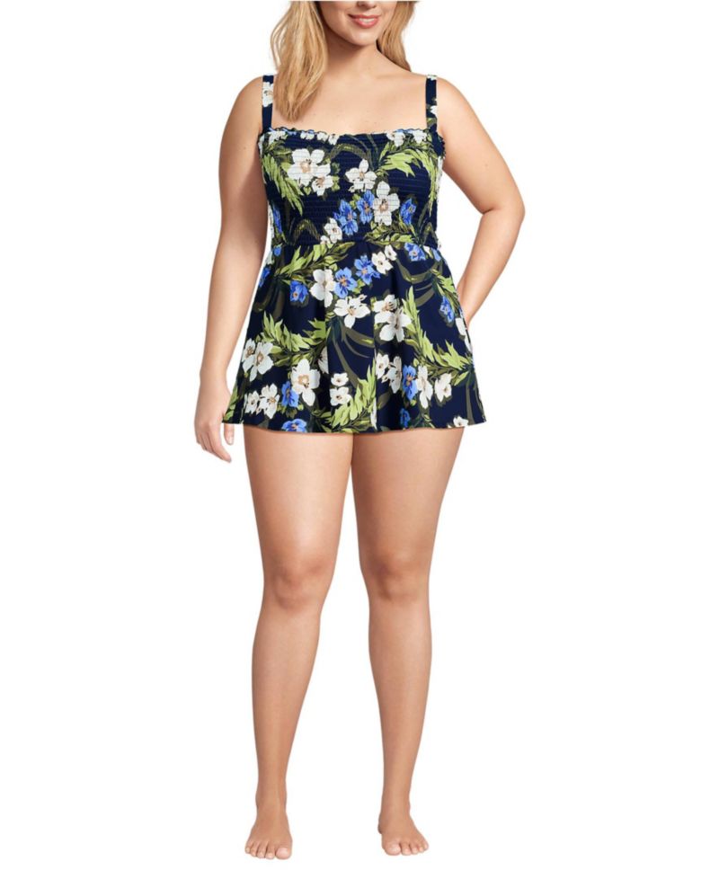 Plus Size Square Neck Smocked Mini Swim Dress