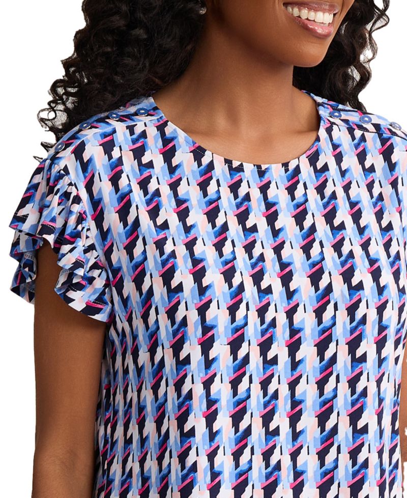 Petite Round Neck Flutter Short-Sleeve Top
