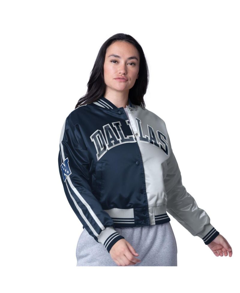 Women's Navy/Silver Dallas Cowboys Zone Blitz Cropped Full-Snap Satin Jacket