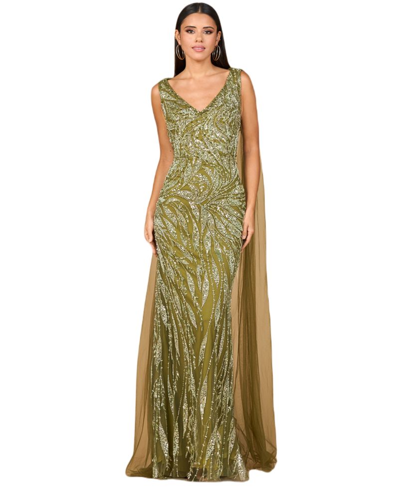 Women's V - Neck Gown with Long Cape Sleeves