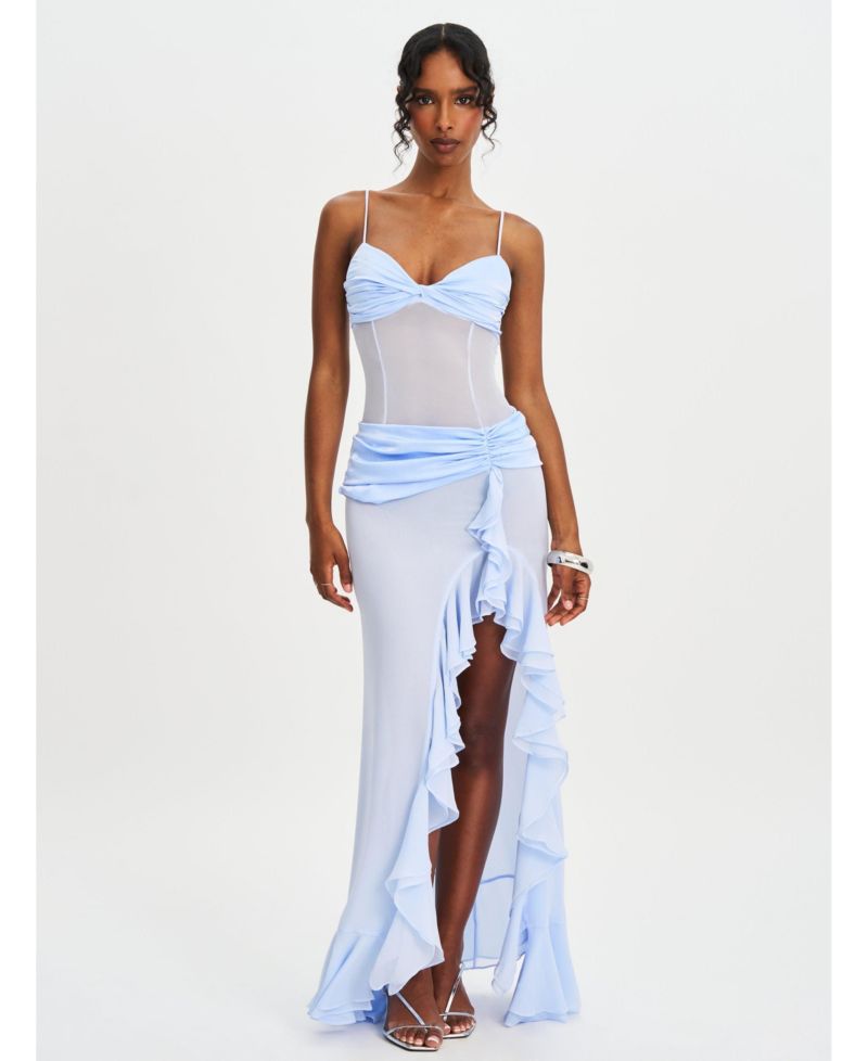 Women Lacy Blue Ruched Breast High Slit Chiffon Dress