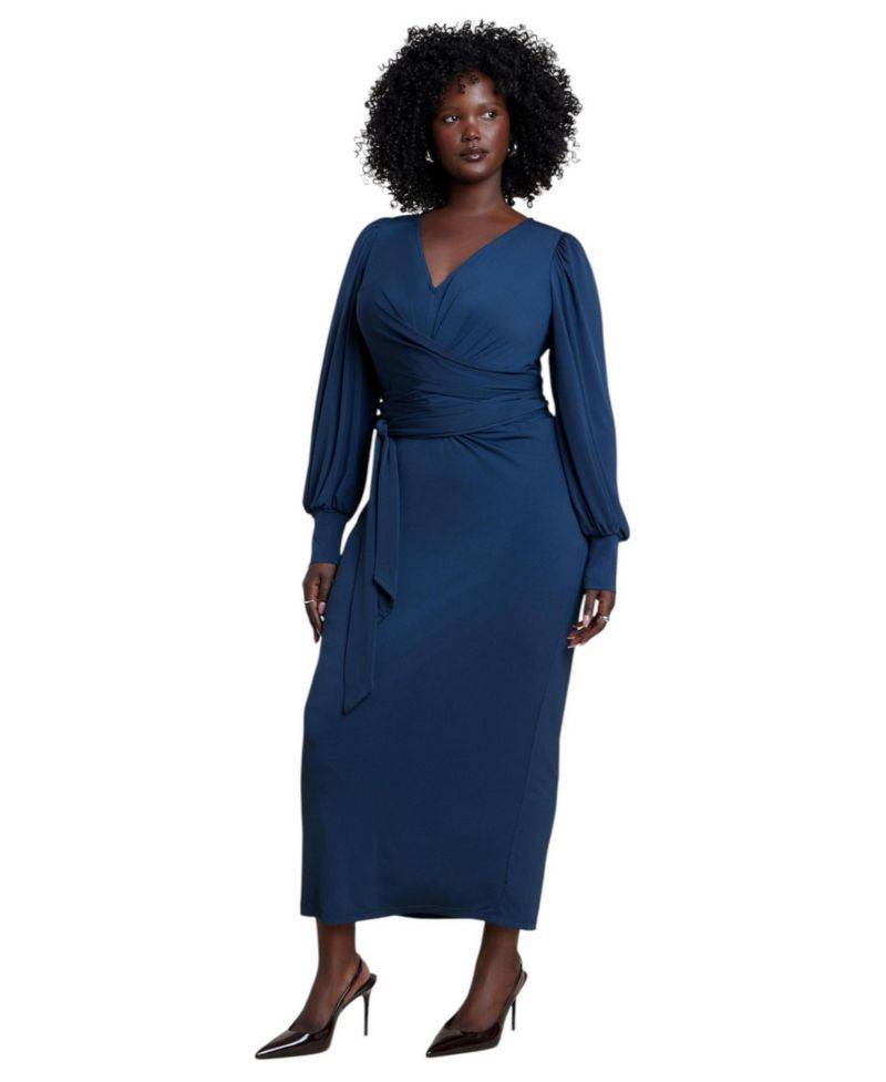 Women's Cross-Front Belted Knit Midi Dress