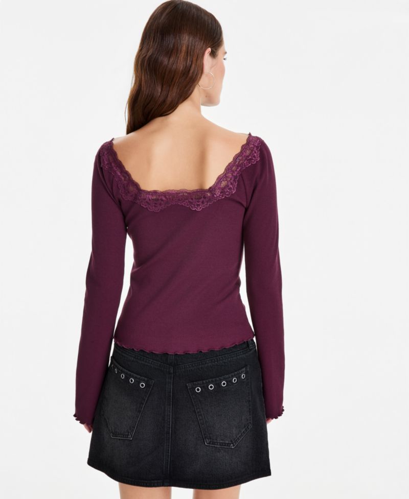 Petite Lace-Trim Scoop-Neck Long-Sleeve Top