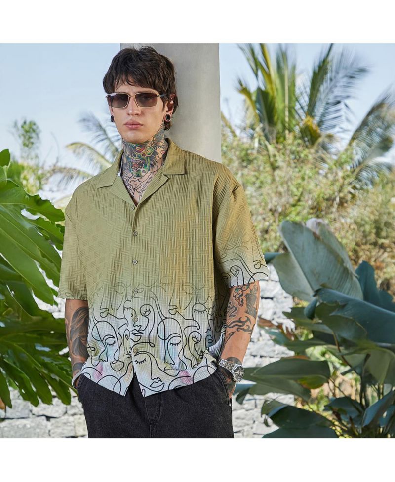 Men's Pistachio Green Faces-Ombre Oversized Shirt