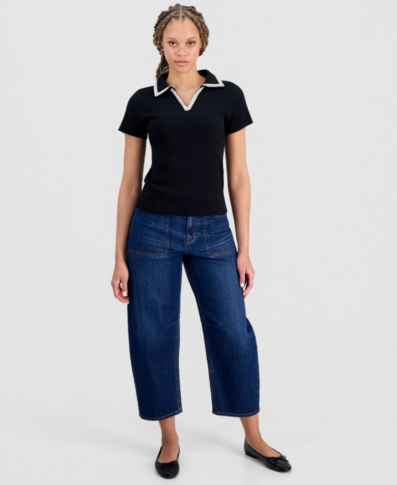 Women's Embellished Rib Polo Top