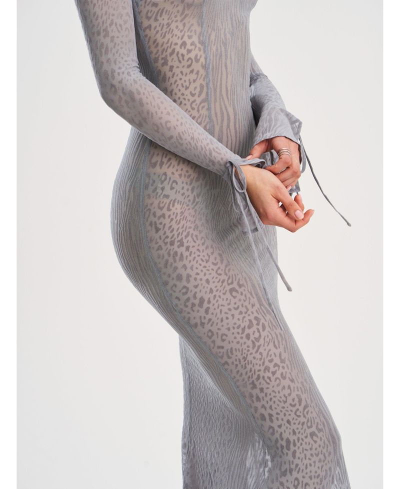 Women Waylynn Gray Animal Print Burnout Velvet Detail Mesh Backless Maxi Dress