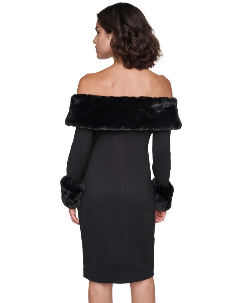 Women's Off-the-Shoulder Faux Fur-Trim Long-Sleeve Dress