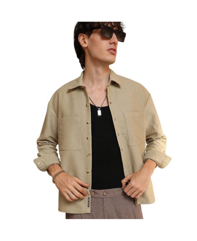 Men's Buff Beige Chevron-Woven Utility Shirt