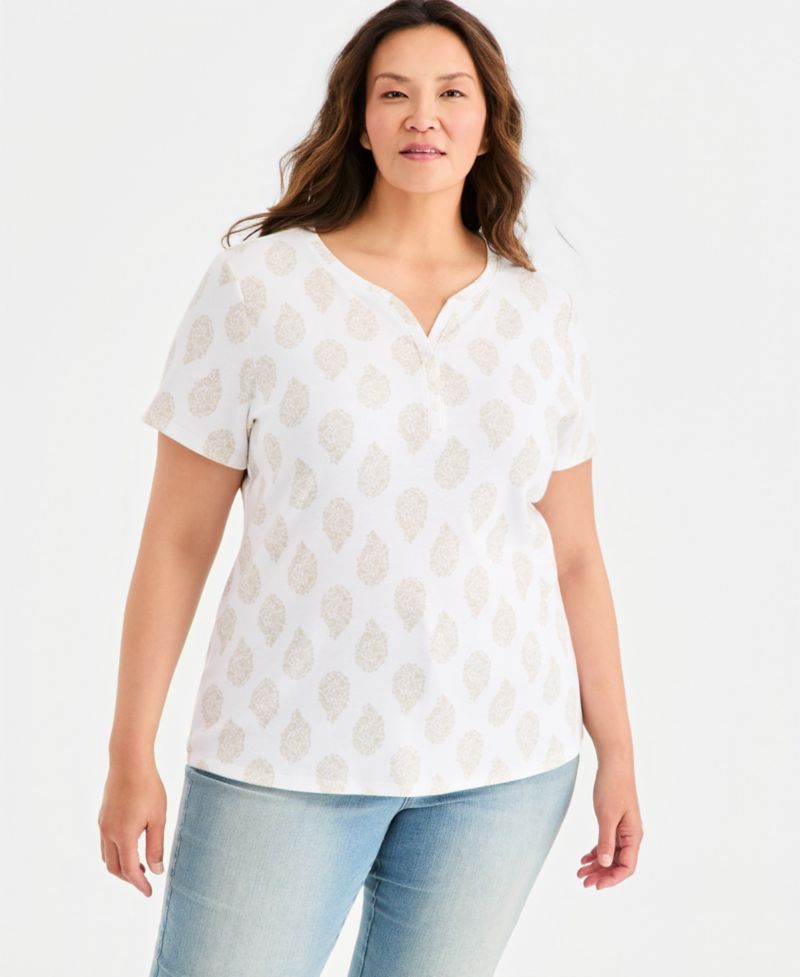 Plus Size Printed Short-Sleeve Henley Top