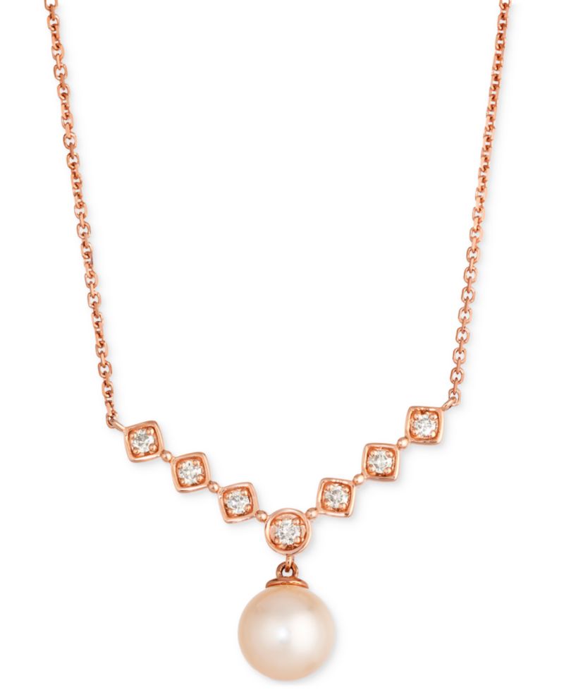 Pink Freshwater Pearl (8mm) & Nude Diamond (1/5 ct. t.w.) Adjustable 19" Statement Necklace in 14k Rose Gold